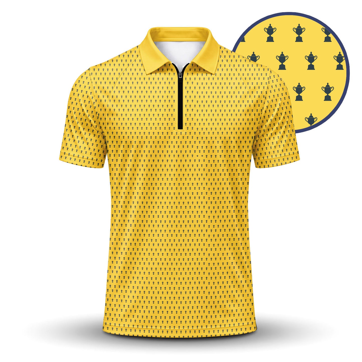 Yellow And Blue 2027 Trophy Pattern Men Zip Polo Shirt