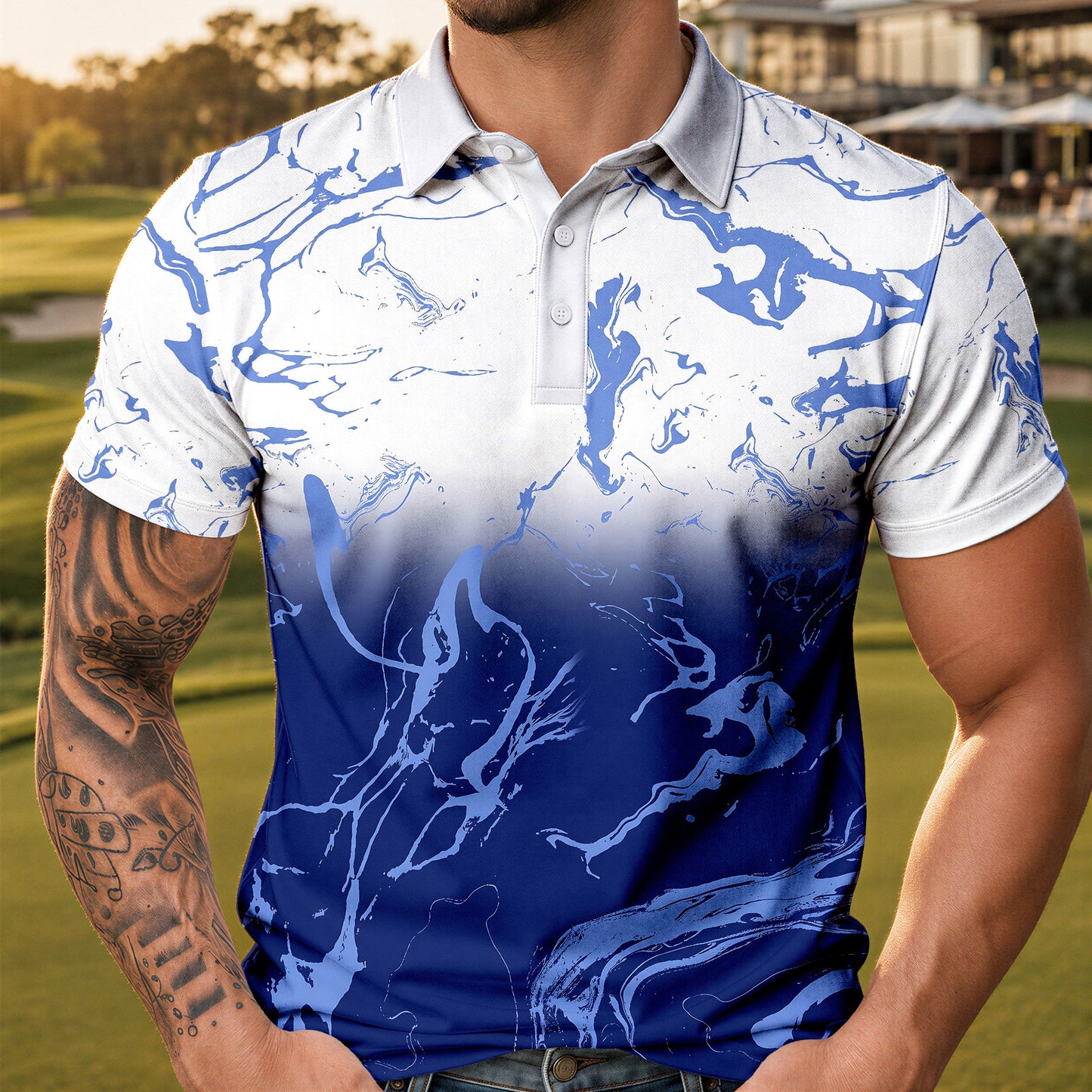 Ombre Blue White Men Polo Shirt