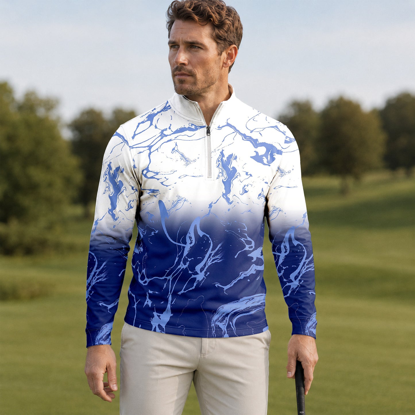 Ombre Blue White Men Quarter-zip Pullover