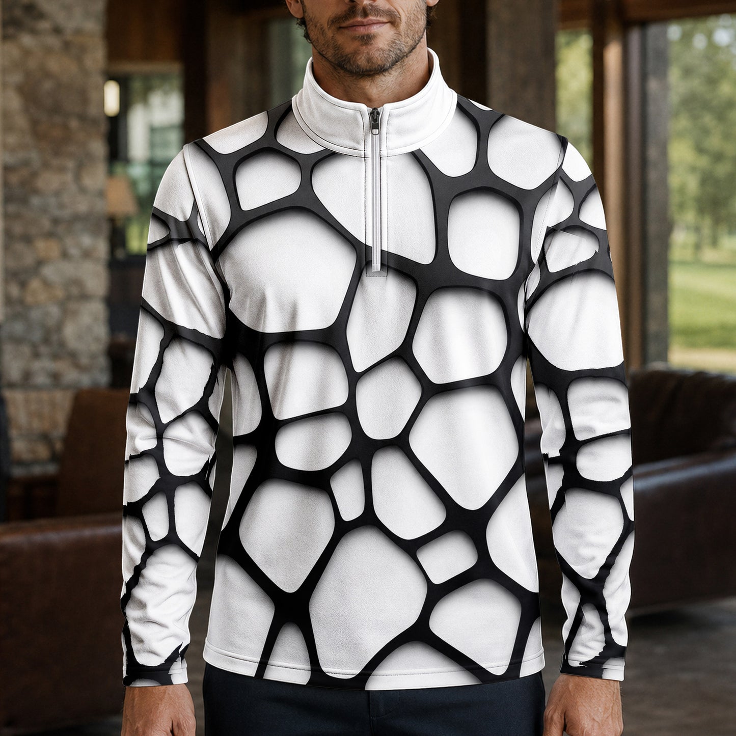 Black White Foam Pattern Men Quarter-zip Pullover