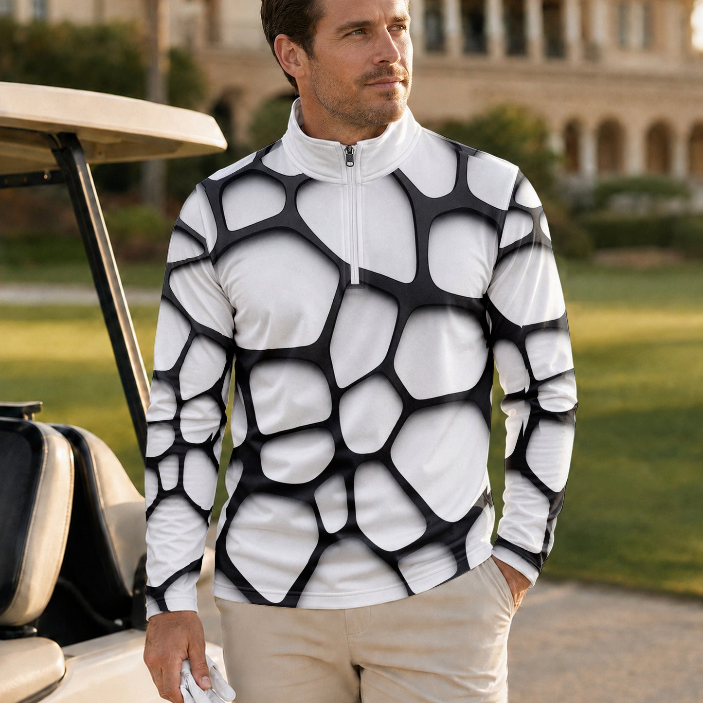 Black White Foam Pattern Men Quarter-zip Pullover
