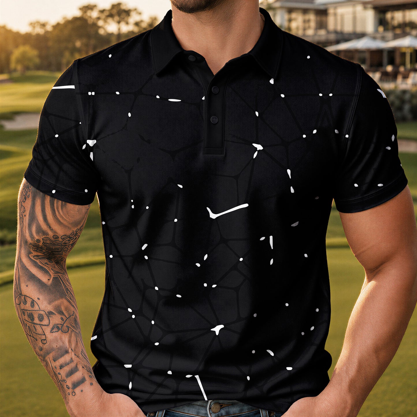 Dark White Net Men Polo Shirt