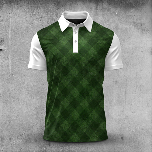Green Checkered Pattern  Men Polo Shirt