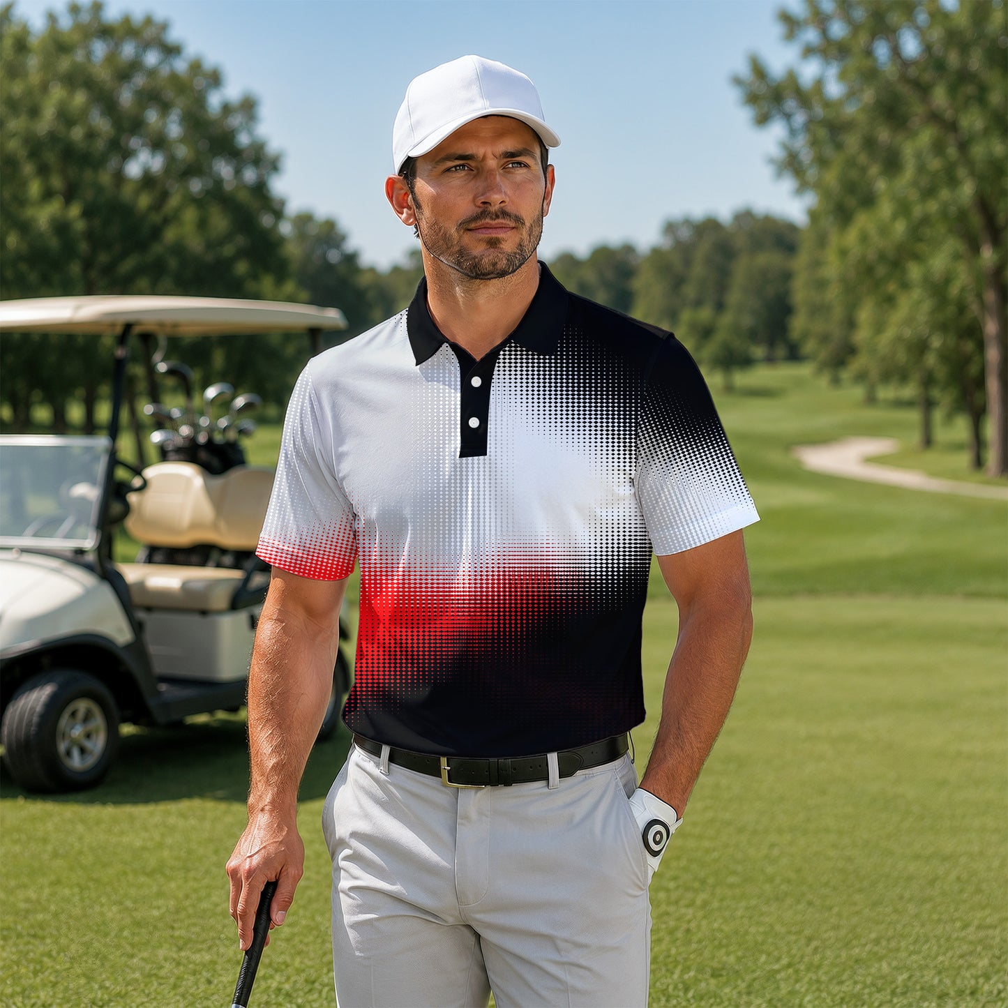 Dynamic Range Black White Grey Red Men Golf Polo Shirt
