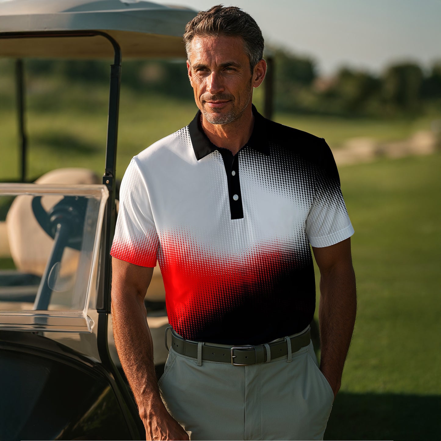 Dynamic Range Black White Grey Red Men Golf Polo Shirt