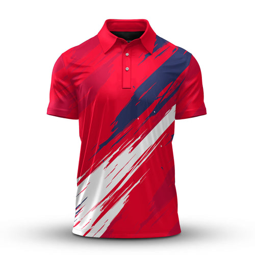 Red Sporty Pattern Blue White  Men Polo Shirt