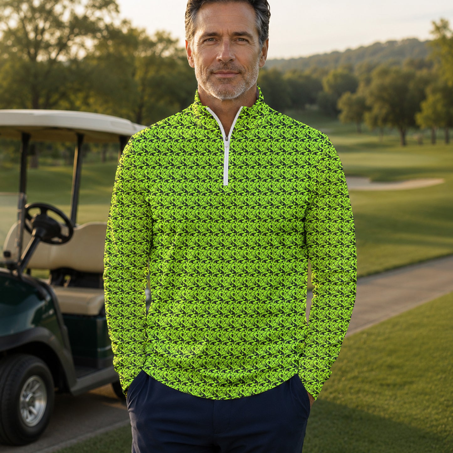 Fish Bone Pattern Neon Men Quarter-zip Pullover
