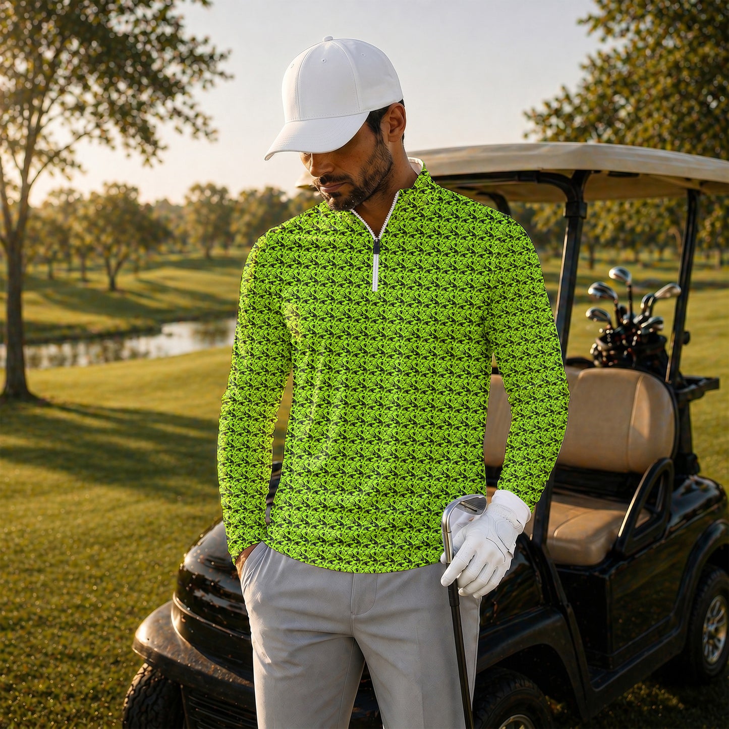 Fish Bone Pattern Neon Men Quarter-zip Pullover