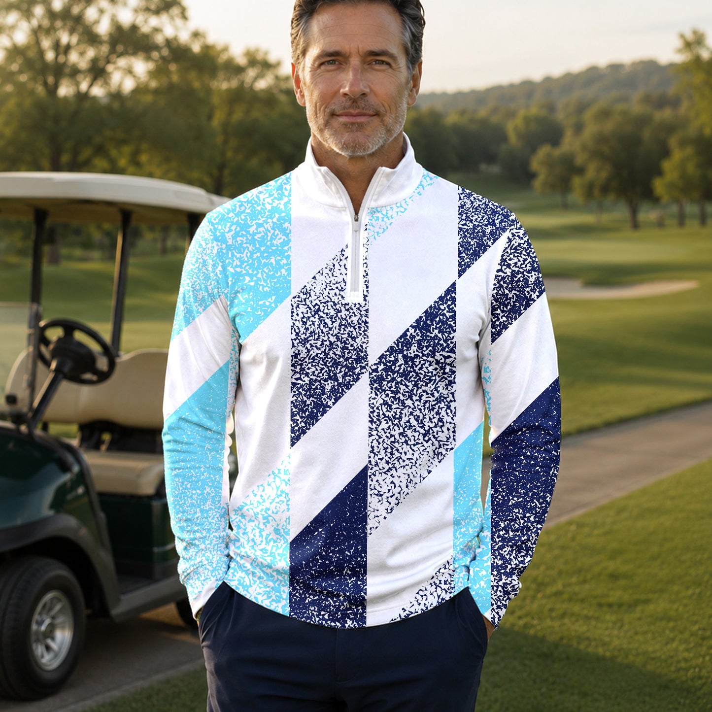 Cyan Dark Blue 2027  Men Quarter-zip Pullover