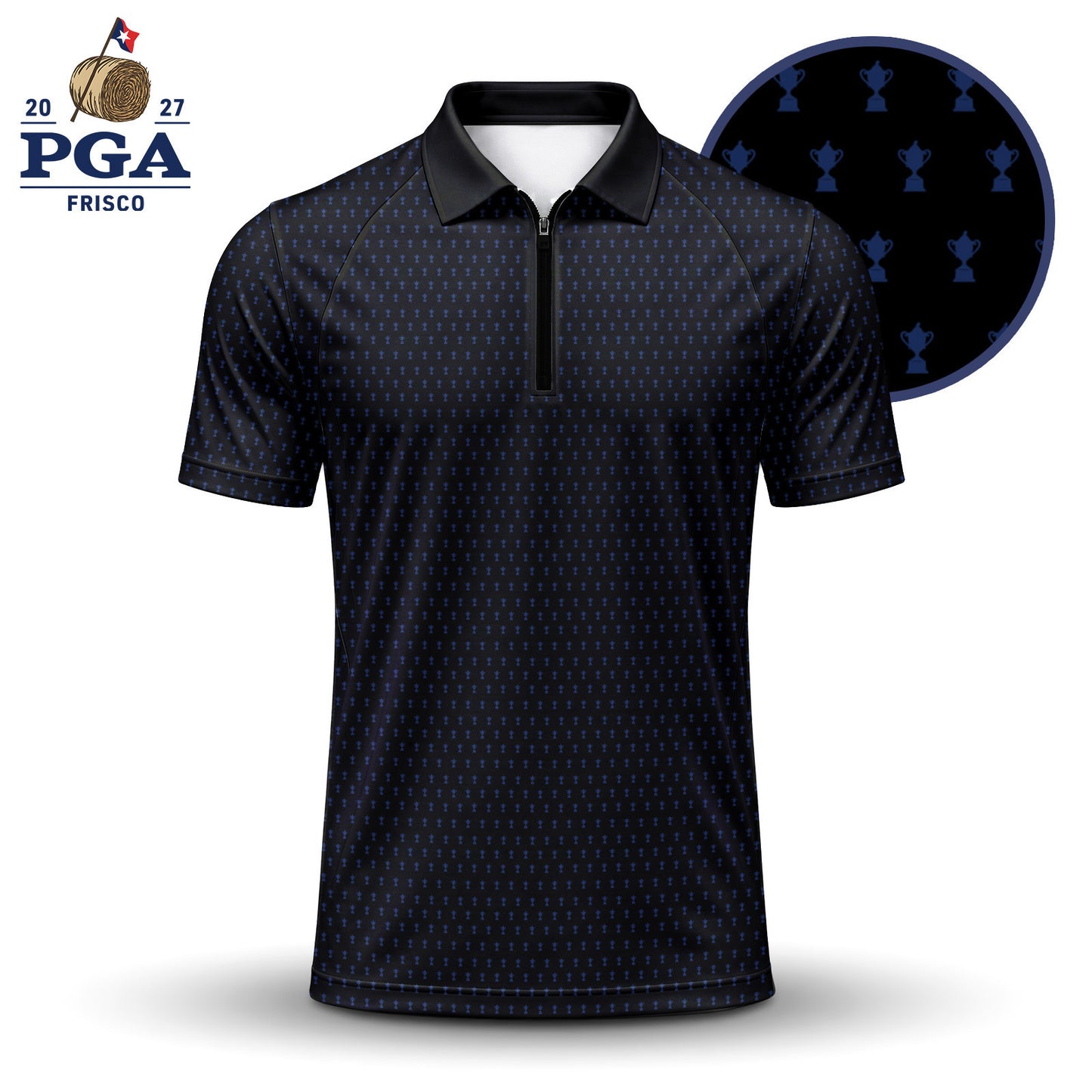2027  Trophy Pattern Blue Black Men Zip Polo Shirt