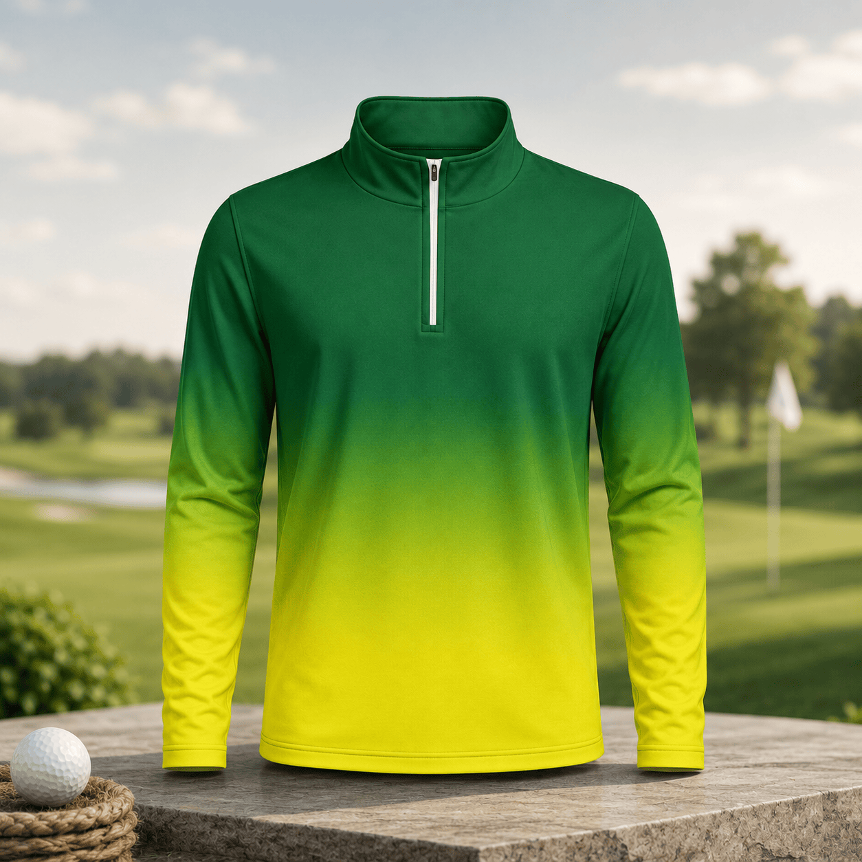 Gradient Green Yellow Men Quarter-zip Pullover MK New