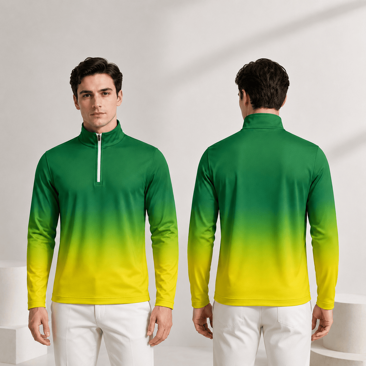 Gradient Green Yellow Men Quarter-zip Pullover MK New