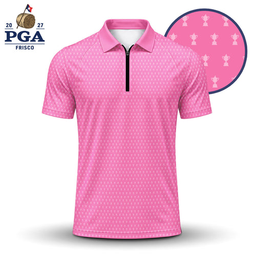 2027  Trophy Pattern Pink Men Zip Polo Shirt
