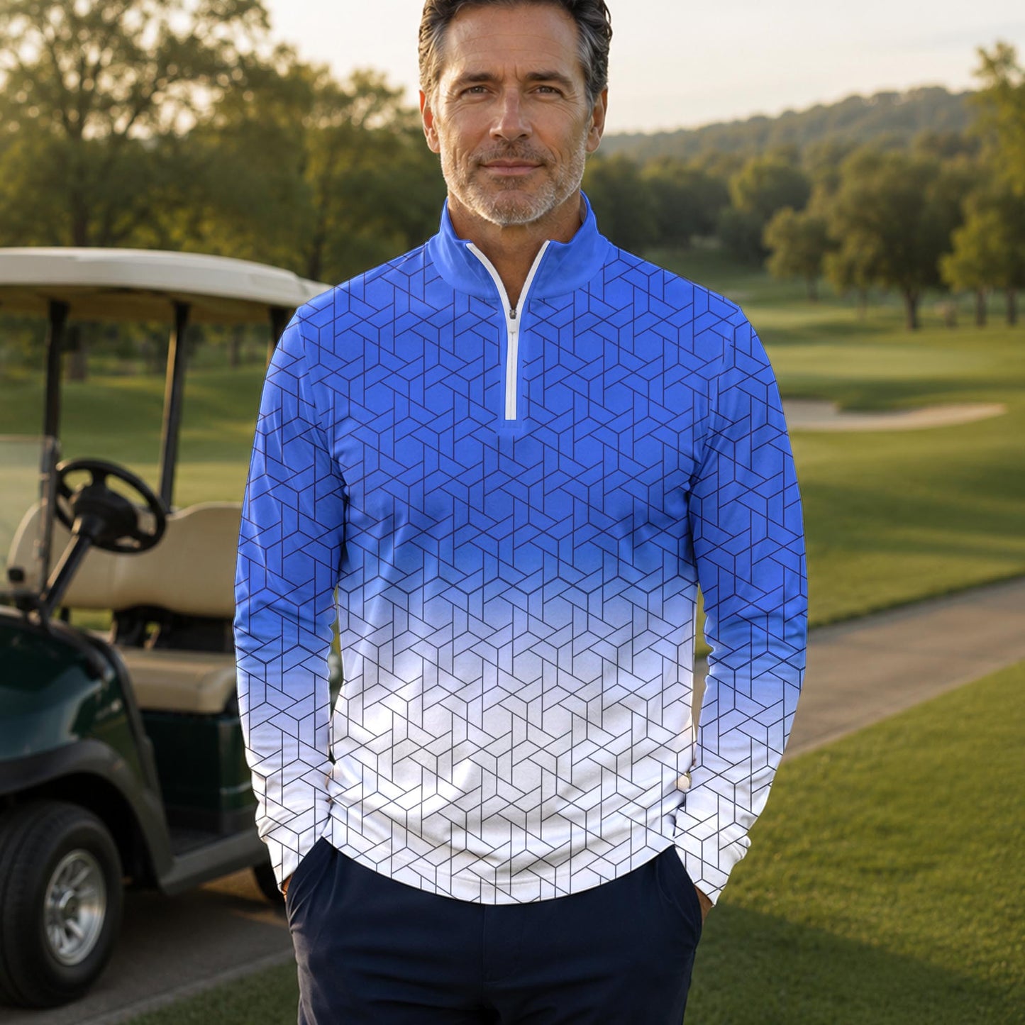 Blue White Cube  Men Quarter-zip Pullover